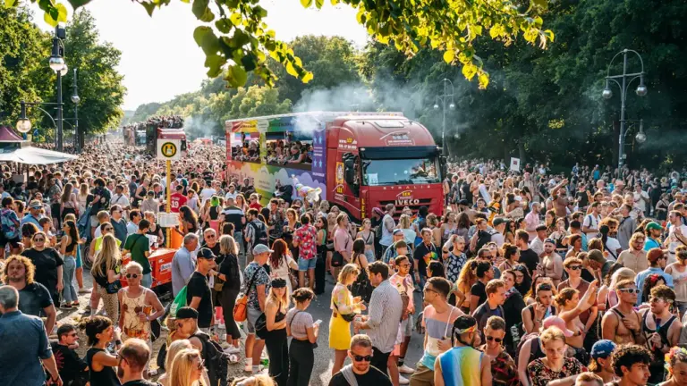 Eine große Menschenmenge feiert bei einer Open-Air-Veranstaltung unter freiem Himmel im Sommer.