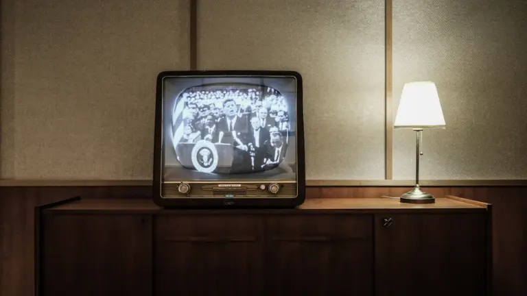 Ein klassischer Röhrenfernseher in einem Wohnzimmer mit zeitgenössischer Lampe.