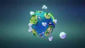 3D-Render eines stilisierten Planeten Erde, der Nachhaltigkeit und Umweltbewusstsein symbolisiert.