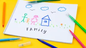 Bunte Kinderzeichnung einer Familie auf einem Blatt Papier mit Filzstiften auf gelbem Untergrund.