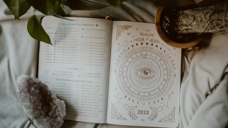 Offenes Buch mit astrologischen Symbolen neben einem Kristall und einer Zimmerpflanze.