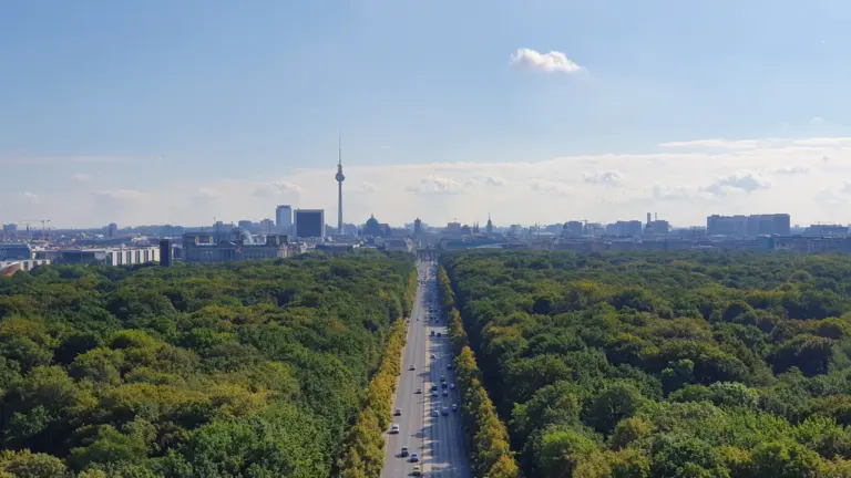 Blick von der Berliner Siegessäule auf eine von Bäumen gesäumte Straße und Berliner Skyline.