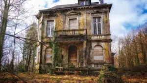 Ein verlassenes, verwunschenes Herrenhaus im Wald als Symbol für Erinnerung und Wandel.