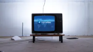 Ein alter Röhrenfernseher mit dem Tagesschau-Logo in einem schlichten, deutschen Setting.